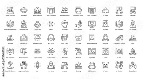 Metaverse Thin Line Iconset VR AR Futuristic Outline Icon Bundle in Black