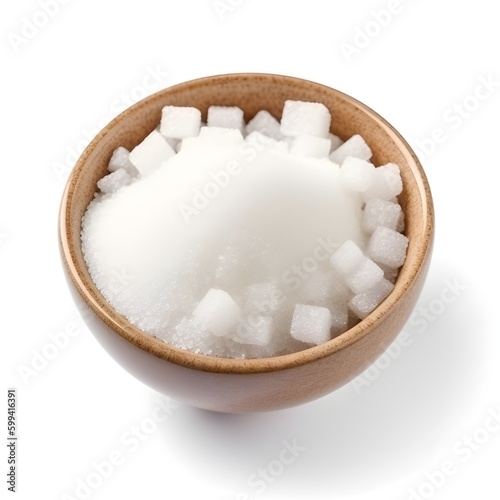 brown wooden bowl of white sugar with sugar cubes
