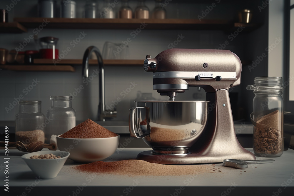 A beautiful food mixer with a metal cup stands in the modern kitchen, Created using generative AI tools. A beautiful food mixer with a metal cup stands in the modern kitchen, Created using generative AI tools.