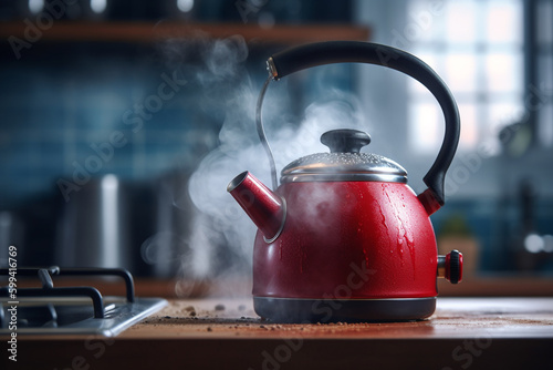 Boiling water in the kettle - the kitchen in the morning, Created using generative AI tools.