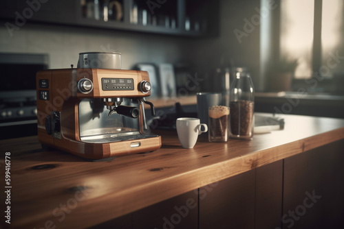 Modern espresso coffee machine with a cup in interior of kitchen closeup, Created using generative AI tools.