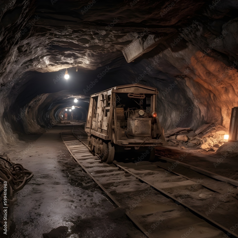 Fototapeta premium old abandoned mine tunnel with train tracks and carriage wagon