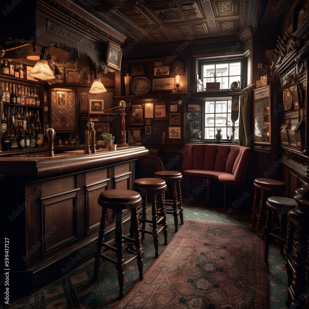 interior of a pub / bar with brown mahogany furniture