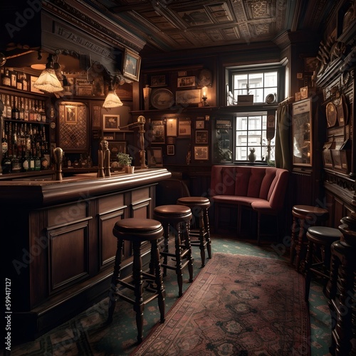 interior of a pub / bar with brown mahogany furniture