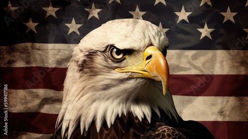 Eagle with American Flag 4th of July, Independence Day, grunge, Patriotic-themed, photorealistic illustrations in JPG. generative ai