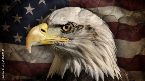 Eagle with American Flag 4th of July  Independence Day  grunge  Patriotic-themed  photorealistic illustrations in JPG. generative ai