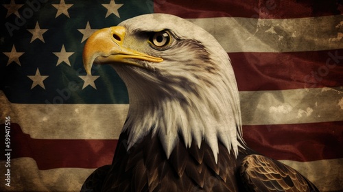 Eagle with American Flag 4th of July, Independence Day, grunge, Patriotic-themed, photorealistic illustrations in JPG. generative ai