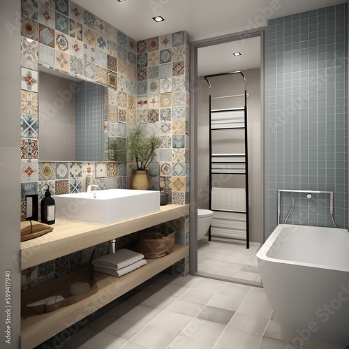 modern bathroom interior funky tiles light blue and multicolour