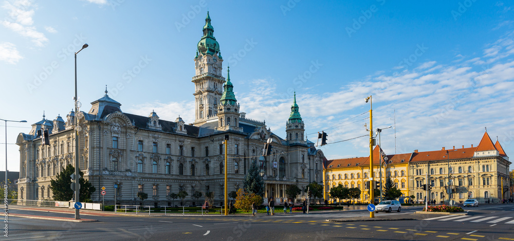 Cityscape of Gyor with beautiful neoclassical building of City Hall, Hungary