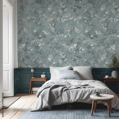 blue and white floral damascus classic vintage wallpaper on interior wall and a double bed