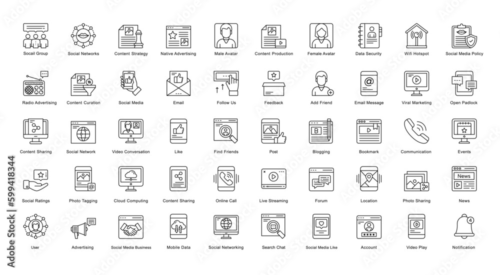 Social Media Thin Line Iconset Internet Network Outline Icon Bundle in Black
