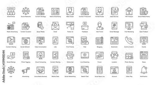 Social Media Thin Line Iconset Internet Network Outline Icon Bundle in Black