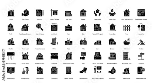 Real Estate Glyph Iconset Home House Glyph Icon Bundle in Black