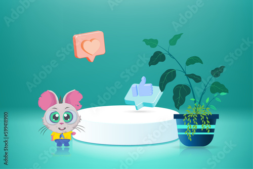 stage with puny inside a room with plants and love and like icons