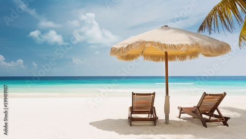 Chairs and umbrella on a tropical beach. Holidays concept  banner with copy space. Generative ai and digital editing.