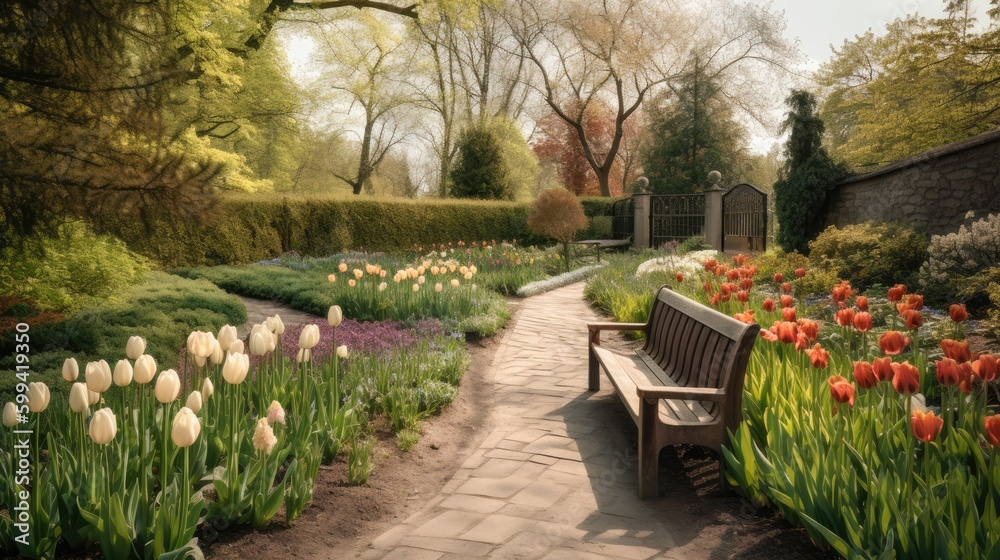 Tulip Garden Tranquility. Flowers, trees lush nature, natural park with paved road and benches to relax
