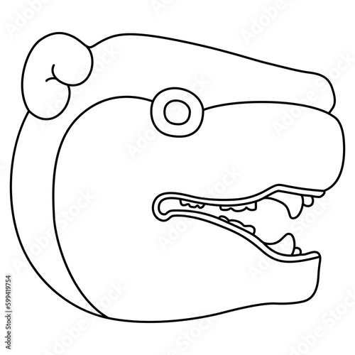 Head in profile of a grinning jaguar. Ethnic animal design of Maya Indians. Black and white linear silhouette.