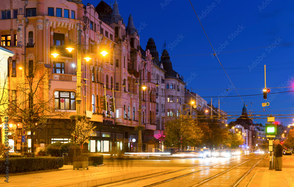 Twilight image with Debrecen streets with impressive architecture, Hungary