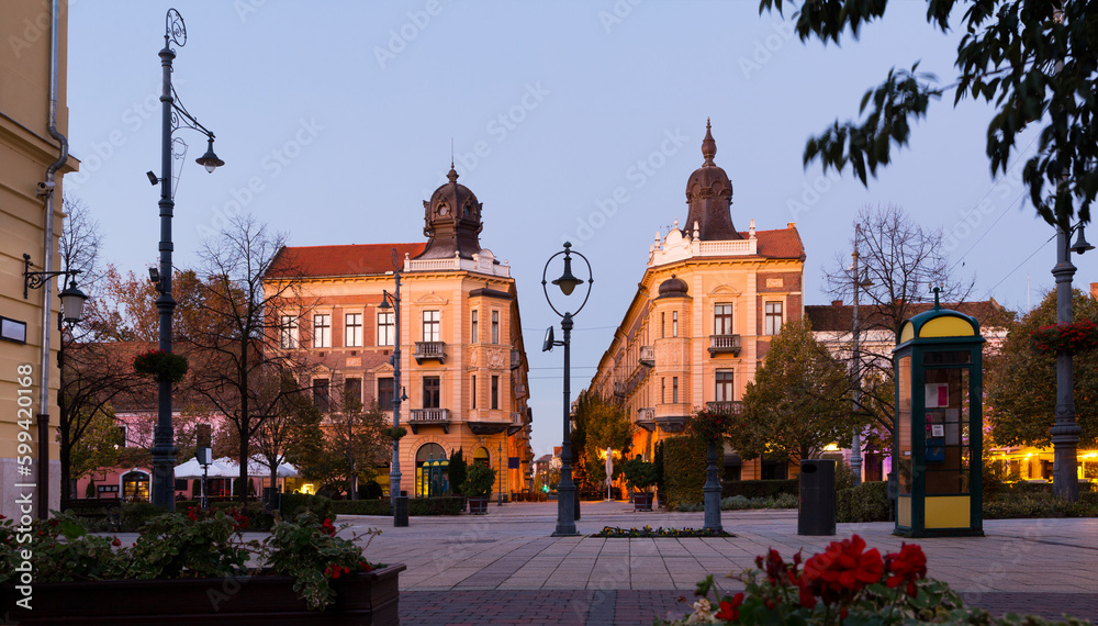 Impressive architecture of Debrecen streets at sunset, Hungary