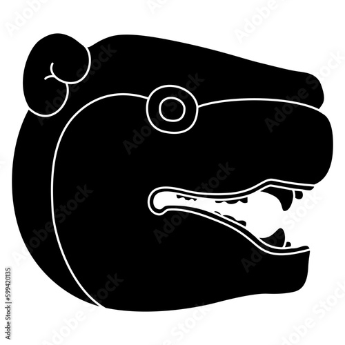 Head in profile of a grinning jaguar. Ethnic animal design of Maya Indians. Black and white negative silhouette.