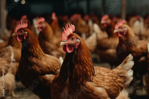 large flock of chicken hens all together in a big warehouse on a farm Generative AI