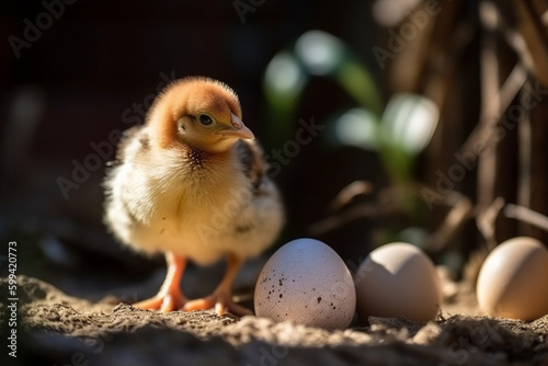 Little chicken twitter on the eggs in sunny garden Generative AI