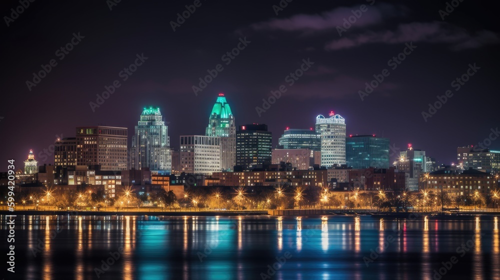 Naklejka premium A city skyline with tall buildings and a cloudy sky. generative ai