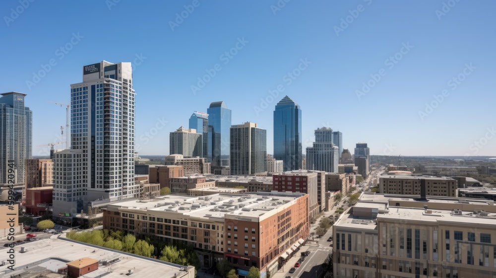 A city skyline with tall buildings and a cloudy sky. generative ai