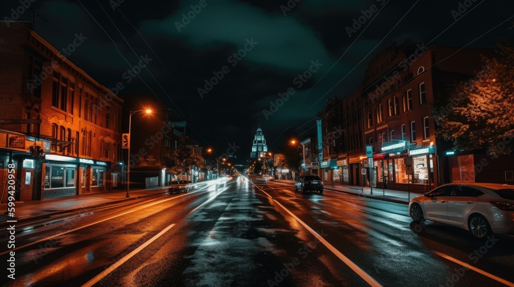 Fototapeta premium A bustling city street at night, captured in a long exposure shot to create a beautiful motion blur effect. generative ai