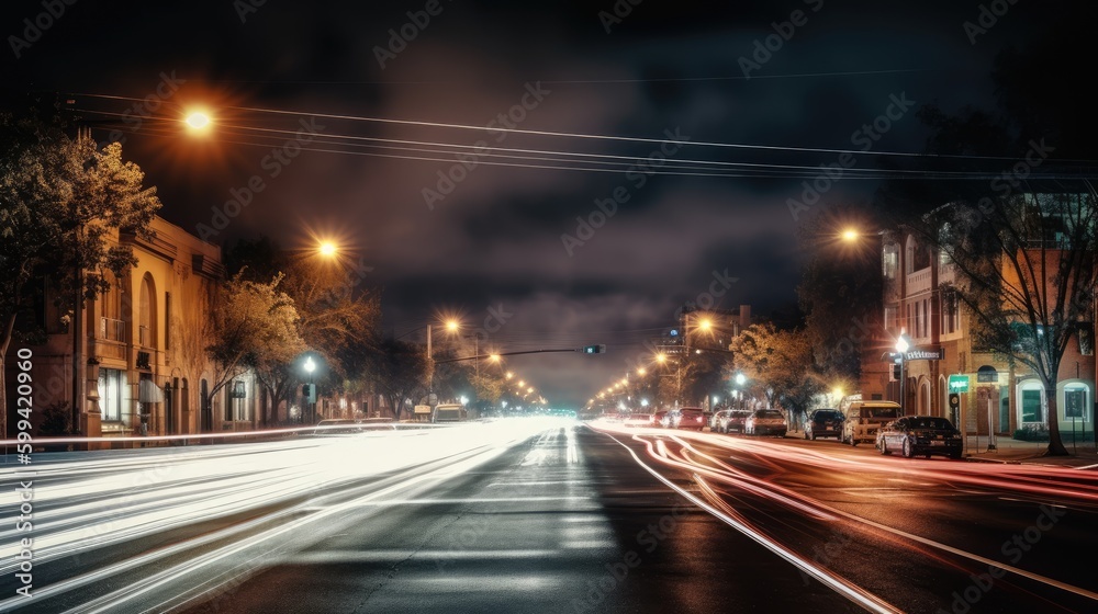 A bustling city street at night, captured in a long exposure shot to create a beautiful motion blur effect. generative ai