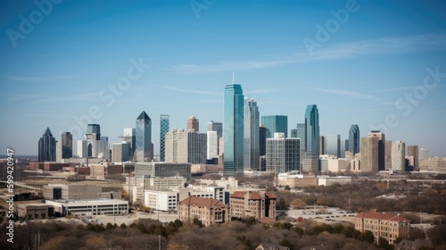 A city skyline with tall buildings and a cloudy sky. generative ai © Neo