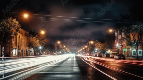 A bustling city street at night, captured in a long exposure shot to create a beautiful motion blur effect. generative ai