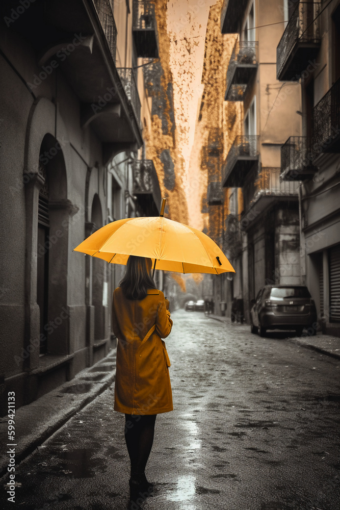 Yellow umbrella in hand of woman walking on a colorless street. AI generative