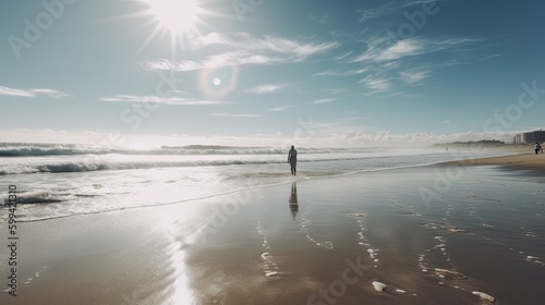 A person walking on a beach with waves and a sunny sky in the background. generative ai