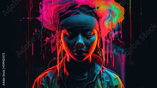 A trippy portrait with a mix of neon colors and swirling shapes. generative ai