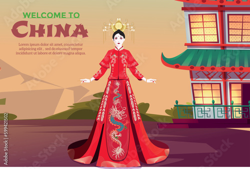 Chinese Girl wearing awesome Chinese red Dress  with a lot of paintings and have a crown on her head._ Chinese girl welcomes to visitors in china
