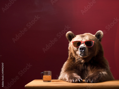 A Bear Wearing Sunglasses Sitting at a Table with a Red Wall | Generative AI