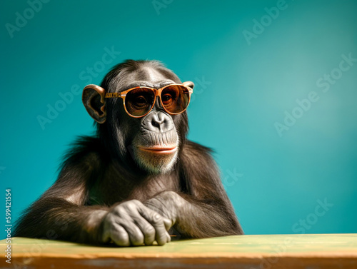 A Chimpanzee Wearing Sunglasses Sitting at a Table with a Green Wall | Generative AI