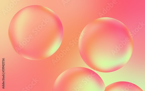 Shiny 3D water bubble background. 3D illustration of transparent bubble drops on smooth orange and yellow gradient background. Smooth multicolor water bubbles.