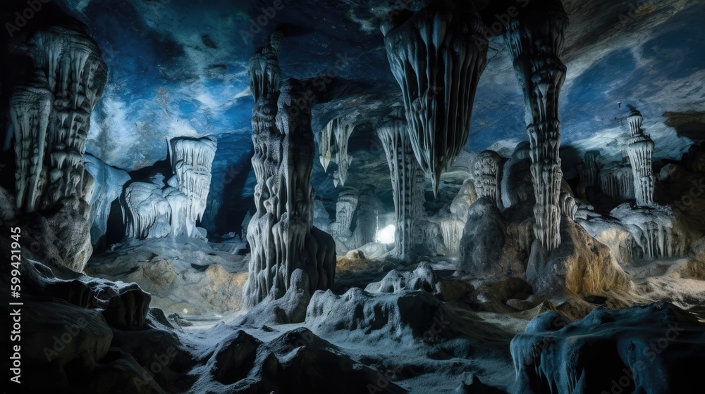 Crystal cave with glittering stalactites and stalagmites. generative ai