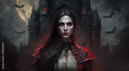 A vampire character standing in front of a castle in a dark forest, Generative AI