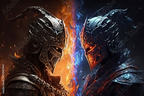 Two warriors facing each other with flames around, duality concept, Generative AI photo