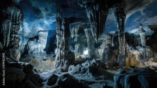 Crystal cave with glittering stalactites and stalagmites. generative ai