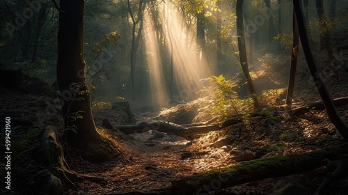 Enchanted forest with rays of sunlight filtering. generative ai