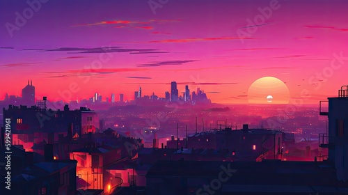 Futuristic city skyline at dawn with glowing buildings. generative ai