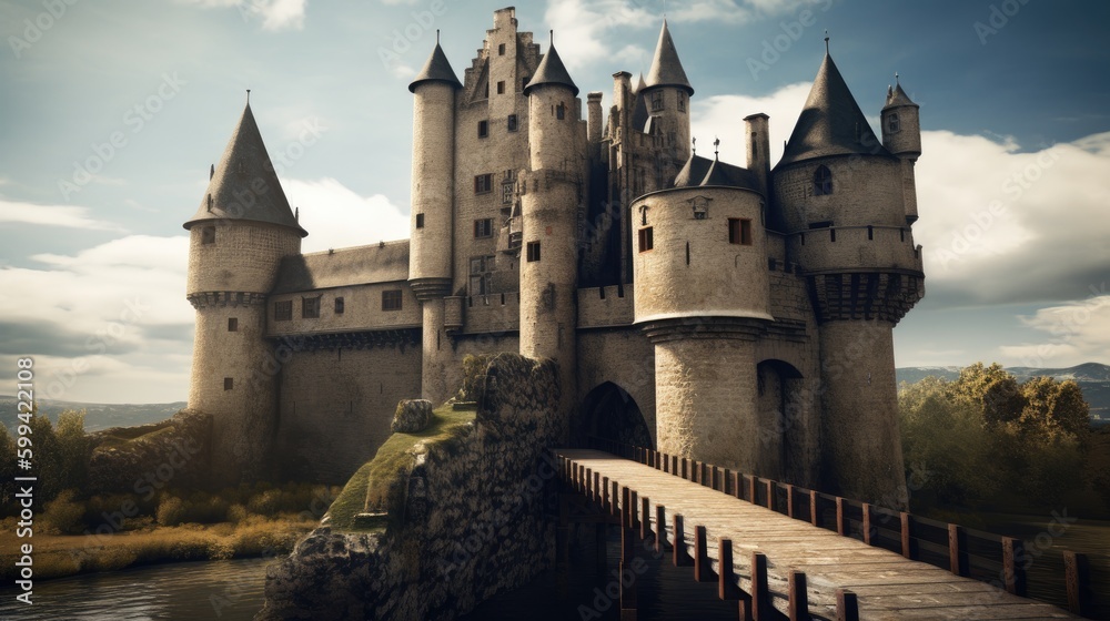 Medieval castle exterior, with turrets and a drawbridge. The atmosphere is grand and majestic. generative ai