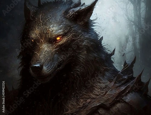 Half-wolf character concept with blazing eyes., Generative AI