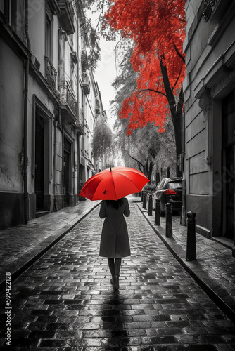 Red umbrella in hand of woman walking on a colorless street. AI generative © SANGHYUN