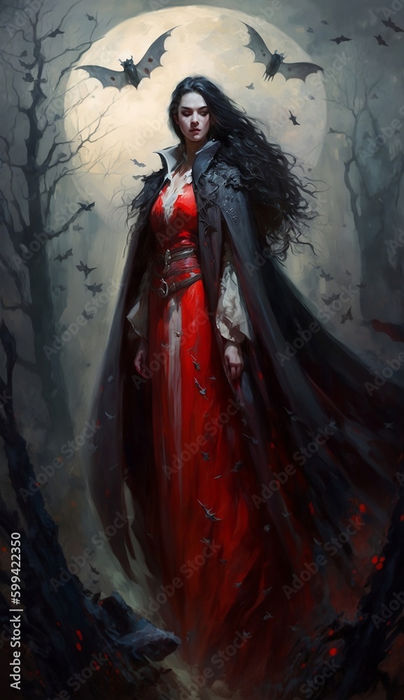 A vampire character standing in front of a full moon in a dark forest, Generative AI A vampire character standing in front of a full moon in a dark forest, Generative AI