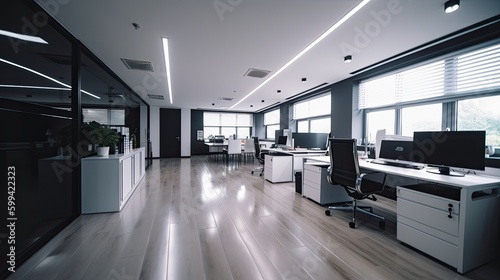 Modern office interior, with sleek furniture and high - tech equipment. The lighting is bright and white. generative ai © Neo